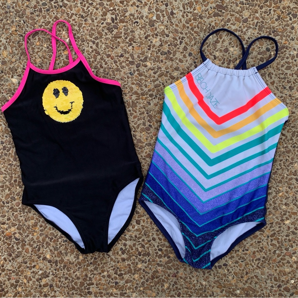 Lot of 2 Girls One Piece Swimsuits sz 4/5 XS Emoji Flip Sequens